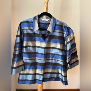 Preston and York Women’s Button Front Silk Top Blue Stripes 3/4 Sleeves size XL